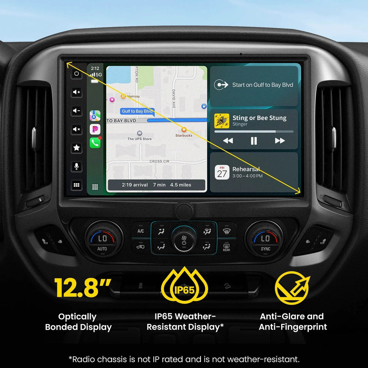 Stinger display graphic advertising a 12.8-inch optically bonded IP65 screen, while noting that the radio chassis is not weather-resistant