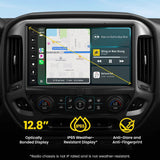 Stinger display graphic advertising a 12.8-inch optically bonded IP65 screen, while noting that the radio chassis is not weather-resistant