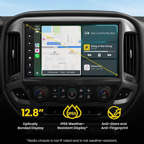 Stinger display graphic advertising a 12.8-inch optically bonded IP65 screen, while noting that the radio chassis is not weather-resistant