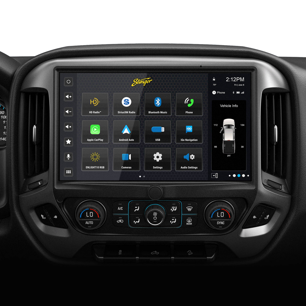 Wide Stinger touchscreen installed between dashboard vents, showing source icons and a vehicle-information panel