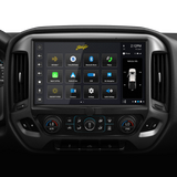 Wide Stinger touchscreen installed between dashboard vents, showing source icons and a vehicle-information panel