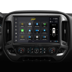 Wide Stinger touchscreen installed between dashboard vents, showing source icons and a vehicle-information panel