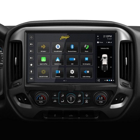Wide Stinger touchscreen installed between dashboard vents, showing source icons and a vehicle-information panel