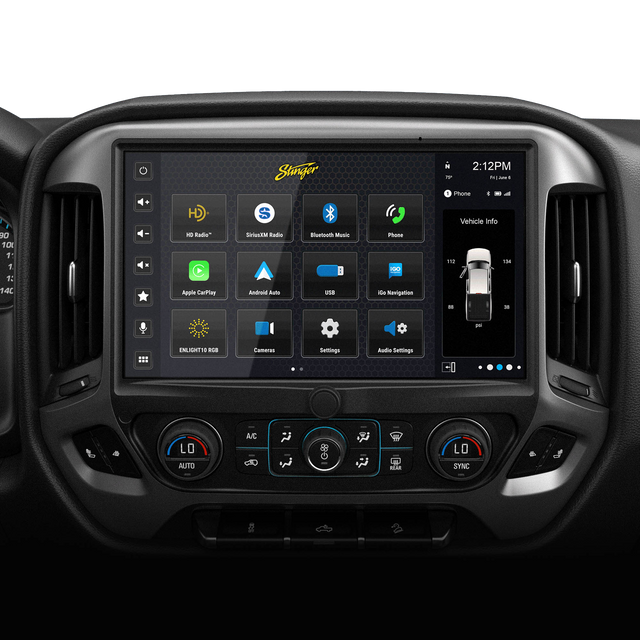 Wide Stinger touchscreen installed between dashboard vents, showing source icons and a vehicle-information panel