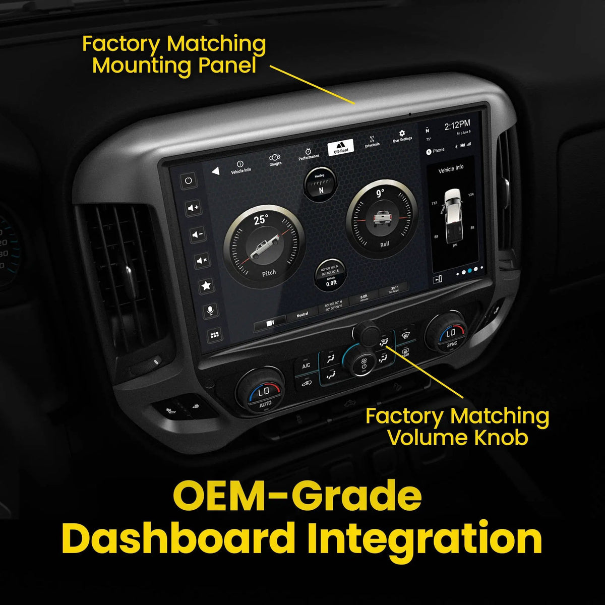 Stinger dashboard-integration graphic identifying the factory-matching mounting panel and volume knob