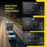 Stinger HORIZON12 vehicle-information graphic showing drivetrain, off-road and gauge screens beside trucks