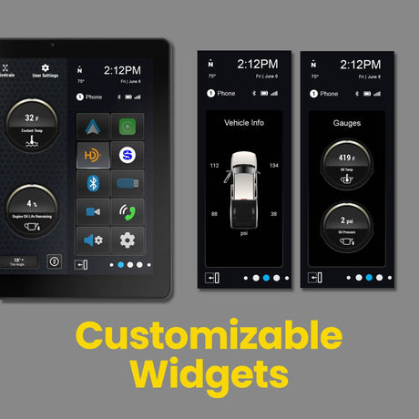 Stinger HORIZON12 customizable widgets graphic with vehicle-information and gauge panel examples