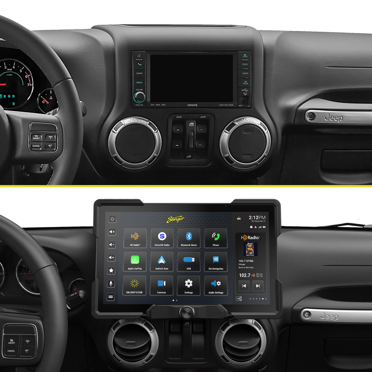 Before-and-after dashboard comparison showing the factory radio replaced by a wide Stinger touchscreen