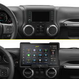 Before-and-after dashboard comparison showing the factory radio replaced by a wide Stinger touchscreen