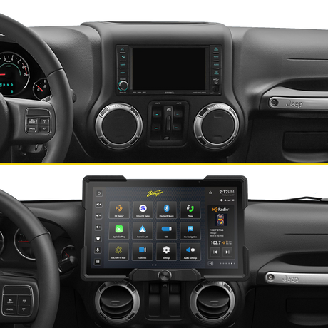 Before-and-after dashboard comparison showing the factory radio replaced by a wide Stinger touchscreen