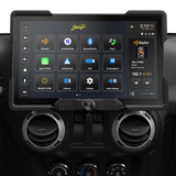 Wide Stinger touchscreen installed above round dashboard vents, showing source icons and a radio panel