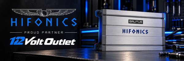 Silver Hifonics Brutus amplifier with Hifonics and 12 Volt Outlet proud partner branding