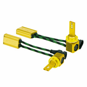 Pair of gold LED bulbs with square finned bases, braided leads and matching gold driver modules