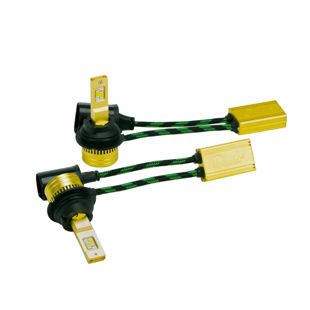 Pair of gold-colored LED bulbs with black mounting collars, finned bases and rectangular driver modules