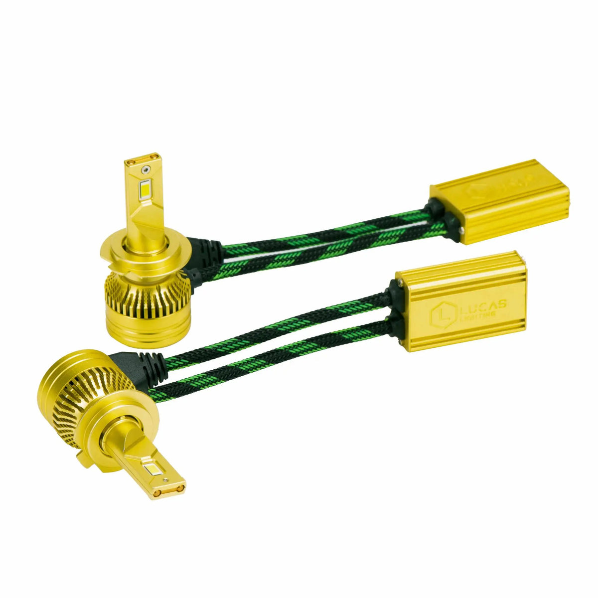 Gold LED bulb pair with round finned bases and matching rectangular driver modules