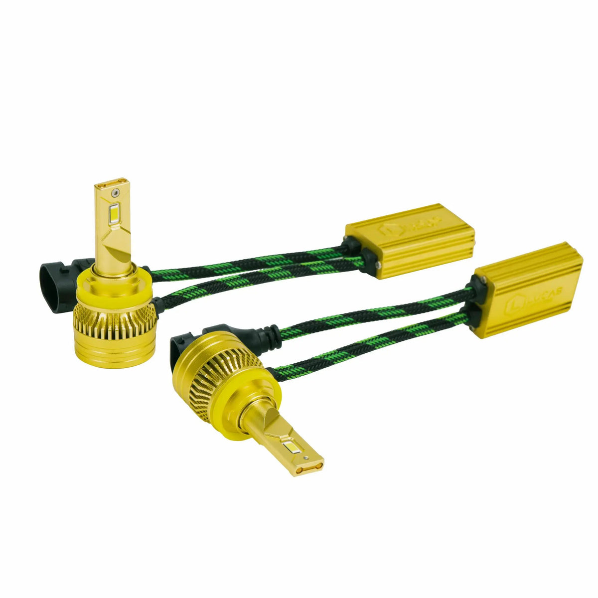 Two gold-colored LED bulbs with yellow mounting rings, round finned bases and rectangular inline modules