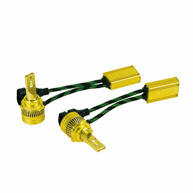 Gold LED bulbs with round finned bases, black side connectors and matching driver modules