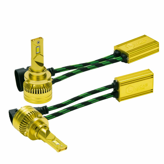 Two gold-colored LED bulbs with round finned bases and black connectors, attached to modules on green-and-black braided leads