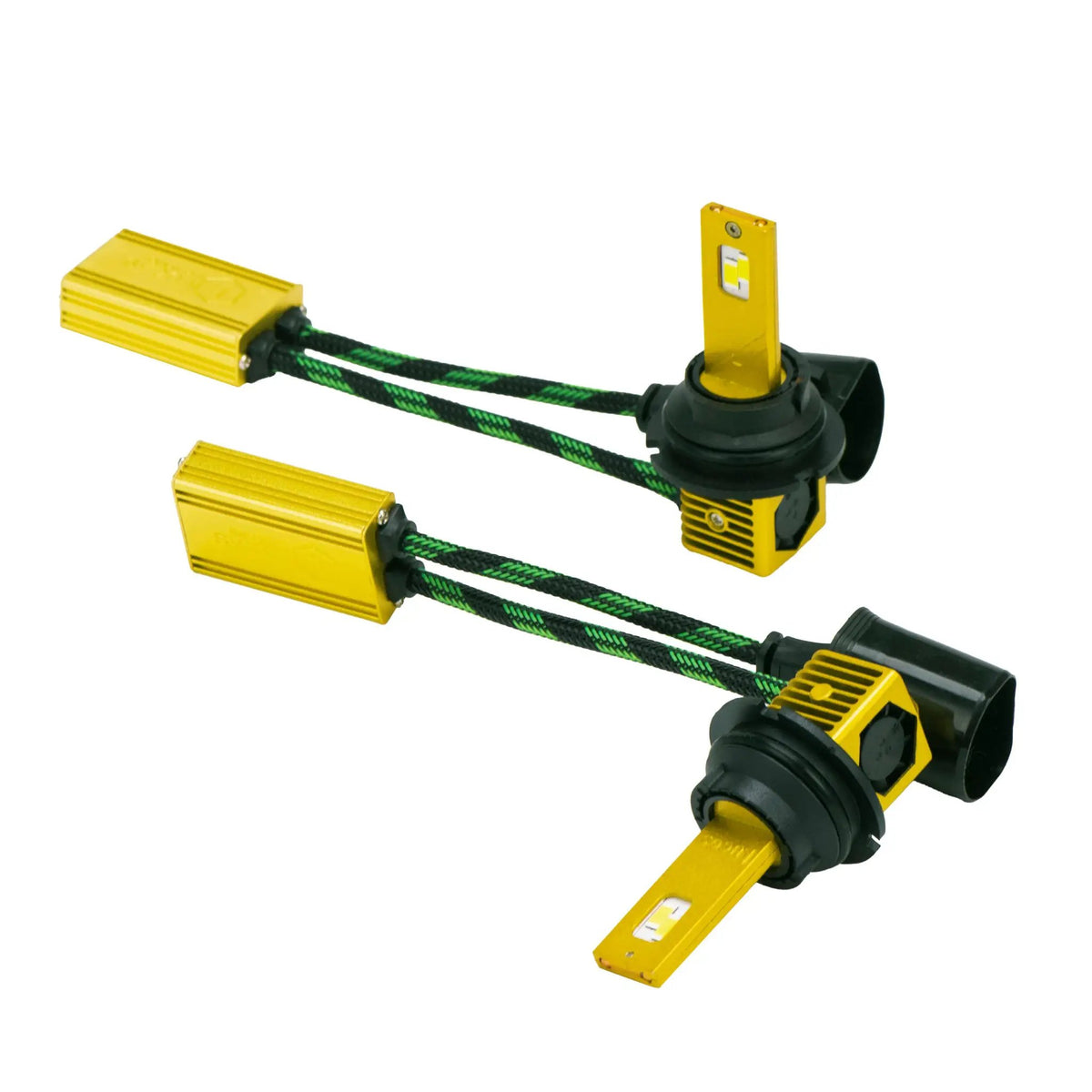 Two gold-colored LED bulbs with black collars and large black connectors, attached to rectangular inline modules