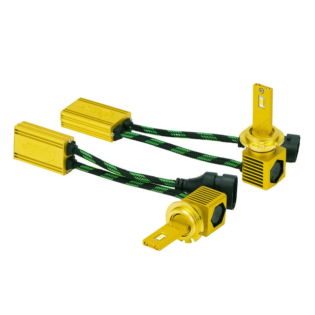 Two gold-colored LED bulbs with round mounting collars, square bases and rectangular inline modules