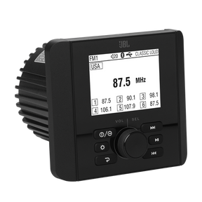 Black JBL JAM3000 marine receiver with monochrome display and control knob