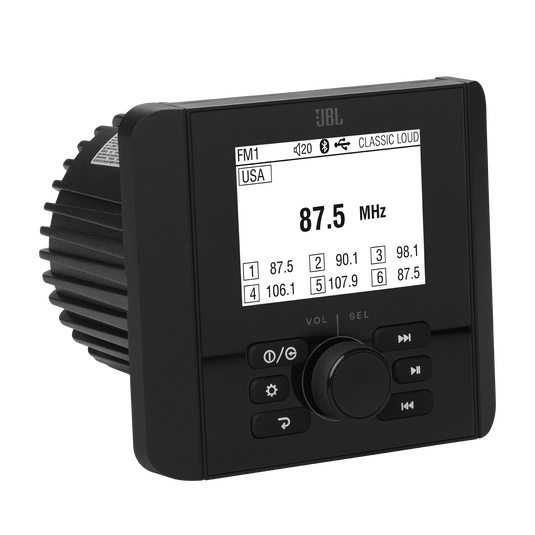 Black JBL JAM3000 marine receiver with monochrome display and control knob