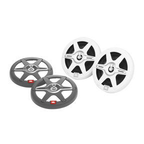 Pair of JBL Club Marine 6.5-inch speakers with white grilles and two gray grilles