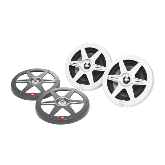 Pair of JBL Club Marine 7.7-inch speakers with white grilles and two gray grilles