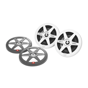 Pair of JBL Club Marine 7.7-inch speakers with white grilles and two gray grilles