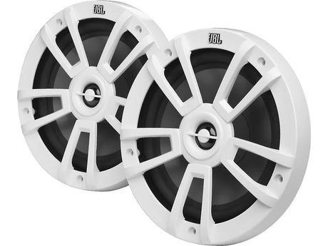 Pair of white JBL Stage Marine 8-inch speakers with black cones
