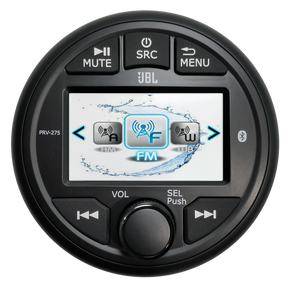 Black round JBL PRV275 marine receiver with color display and control knob