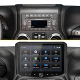 Before-and-after dashboard comparison showing the factory radio replaced by a Stinger touchscreen with a source-selection menu