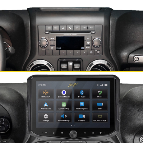 Before-and-after dashboard comparison showing the factory radio replaced by a Stinger touchscreen with a source-selection menu