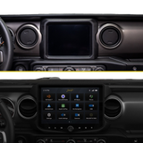 Before-and-after dashboard comparison showing a factory screen replaced by a Stinger touchscreen with source icons