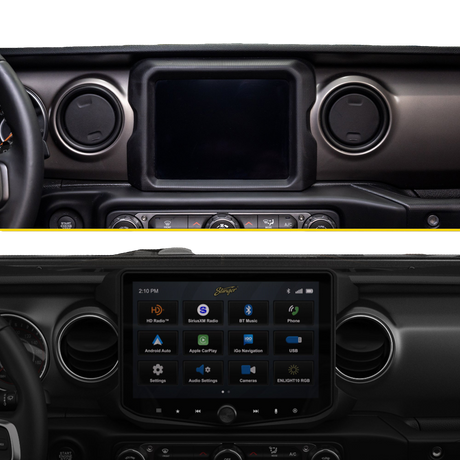 Before-and-after dashboard comparison showing a factory screen replaced by a Stinger touchscreen with source icons