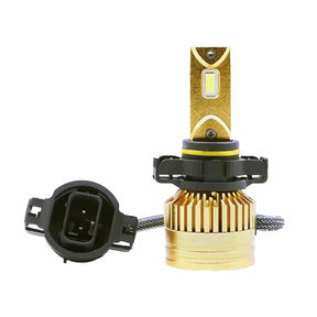 Gold-colored LED bulb with a round finned cooling base, black mounting collar and a wired connector