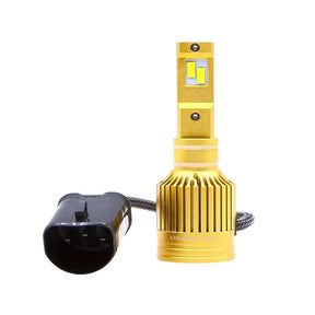 Gold-colored LED bulb with two staggered light elements and a braided cable ending in a rounded black connector