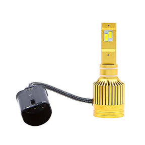 Single gold Lucas LED headlight bulb with a finned base and large black connector