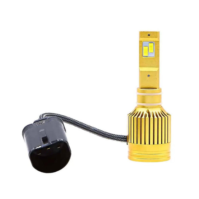 Single gold Lucas LED headlight bulb with a finned base and large black connector