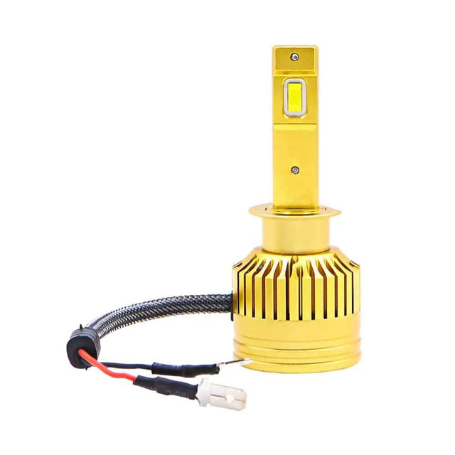 Lucas Lighting L1-H1/H3 LED bulb with gold heat sink and attached wiring connector