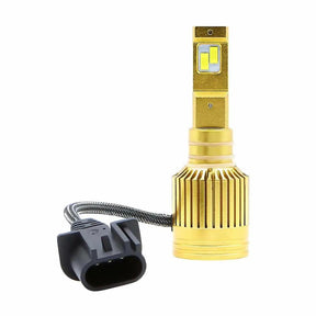 Gold-colored LED bulb with two staggered light elements, a finned round base and black connector