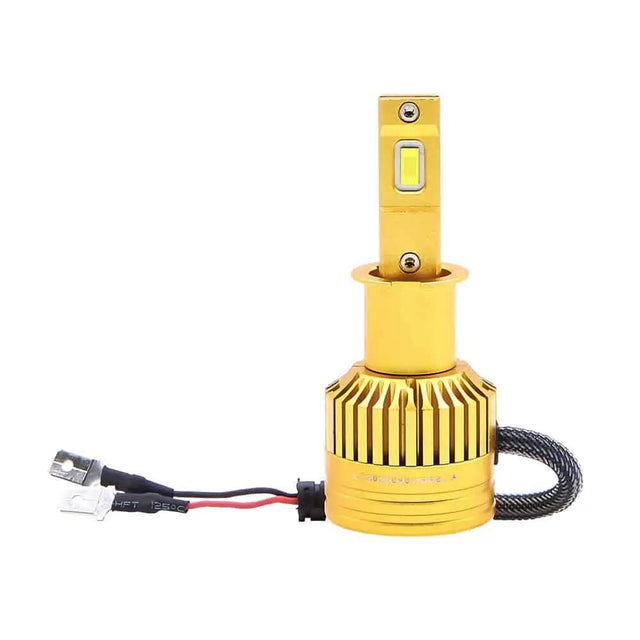 Gold-colored LED bulb with a finned cooling base, braided lead and two spade connectors