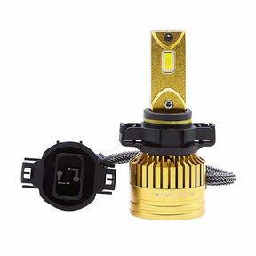 Single gold Lucas LED headlight bulb with a black mounting collar and oval connector