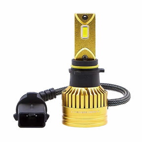 Gold-colored LED bulb with a black collar and yellow ring, shown beside its braided cable and connector