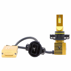 Gold-colored LED bulb with a black mounting collar, finned base, driver module and black plug