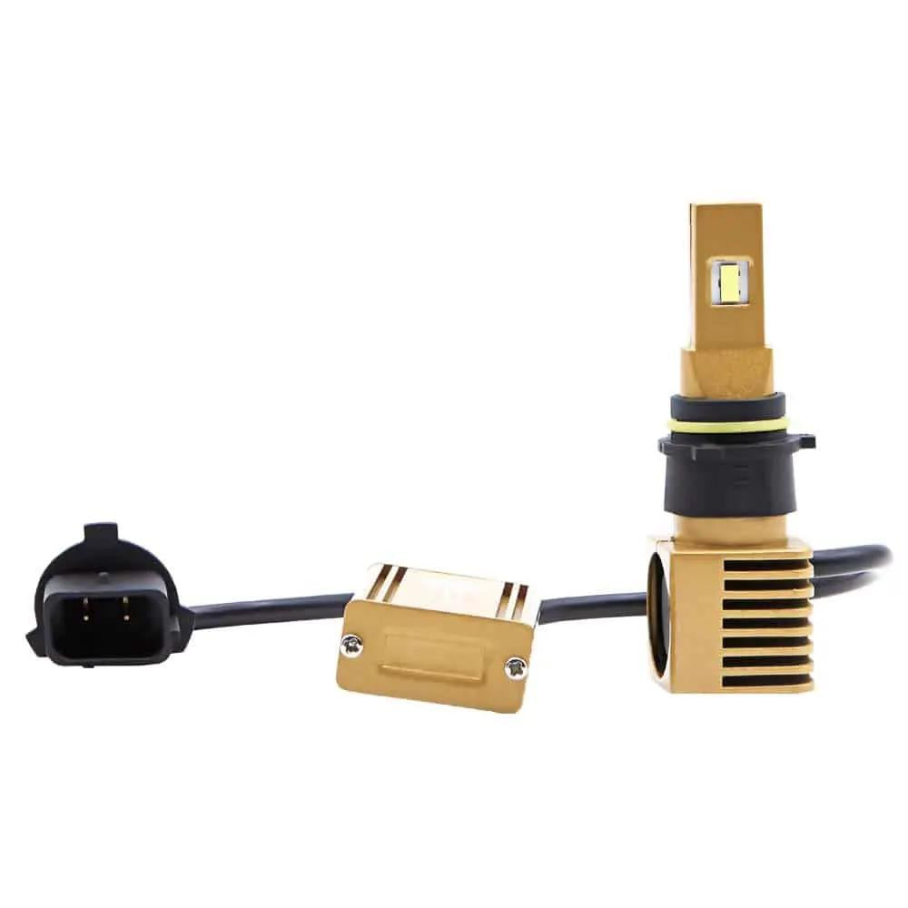 Gold Lucas LED bulb with a finned base, separate driver module and black wiring plug