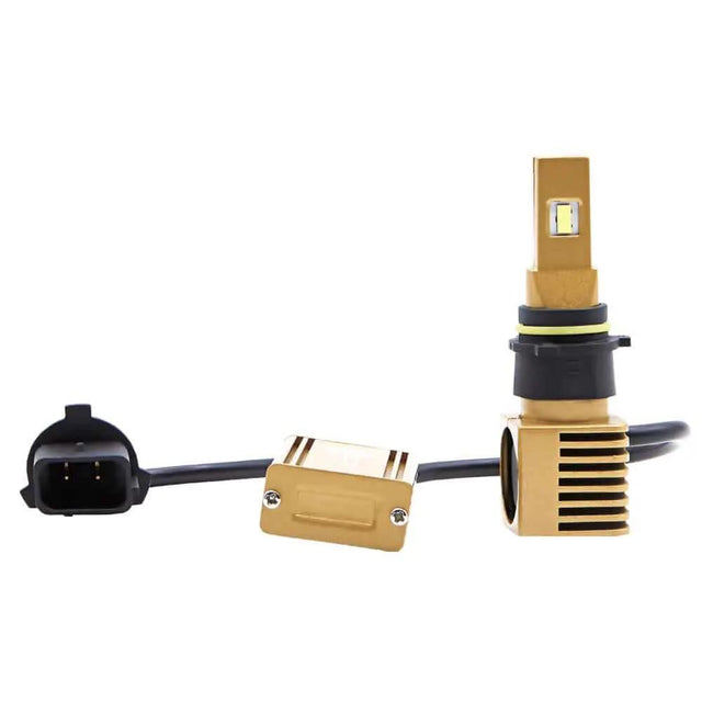Gold Lucas LED bulb with a finned base, separate driver module and black wiring plug