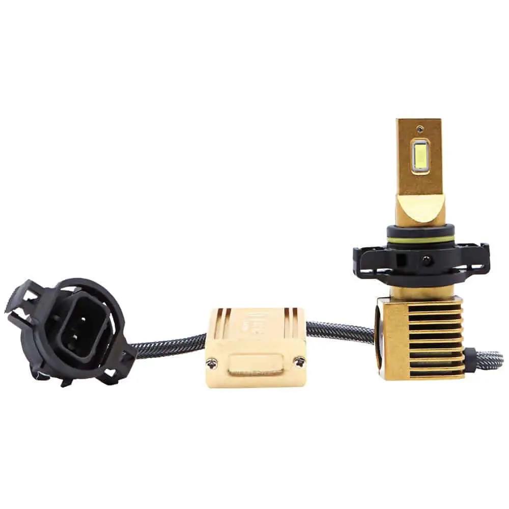 Gold-colored LED bulb with a finned base, inline driver module and black connector on a braided lead
