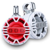 Pair of white Memphis tower speakers with polished mounting clamps, one illuminated red