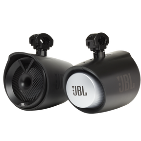 Pair of black JBL Tower X MT8HLB marine tower speakers with mounting clamps